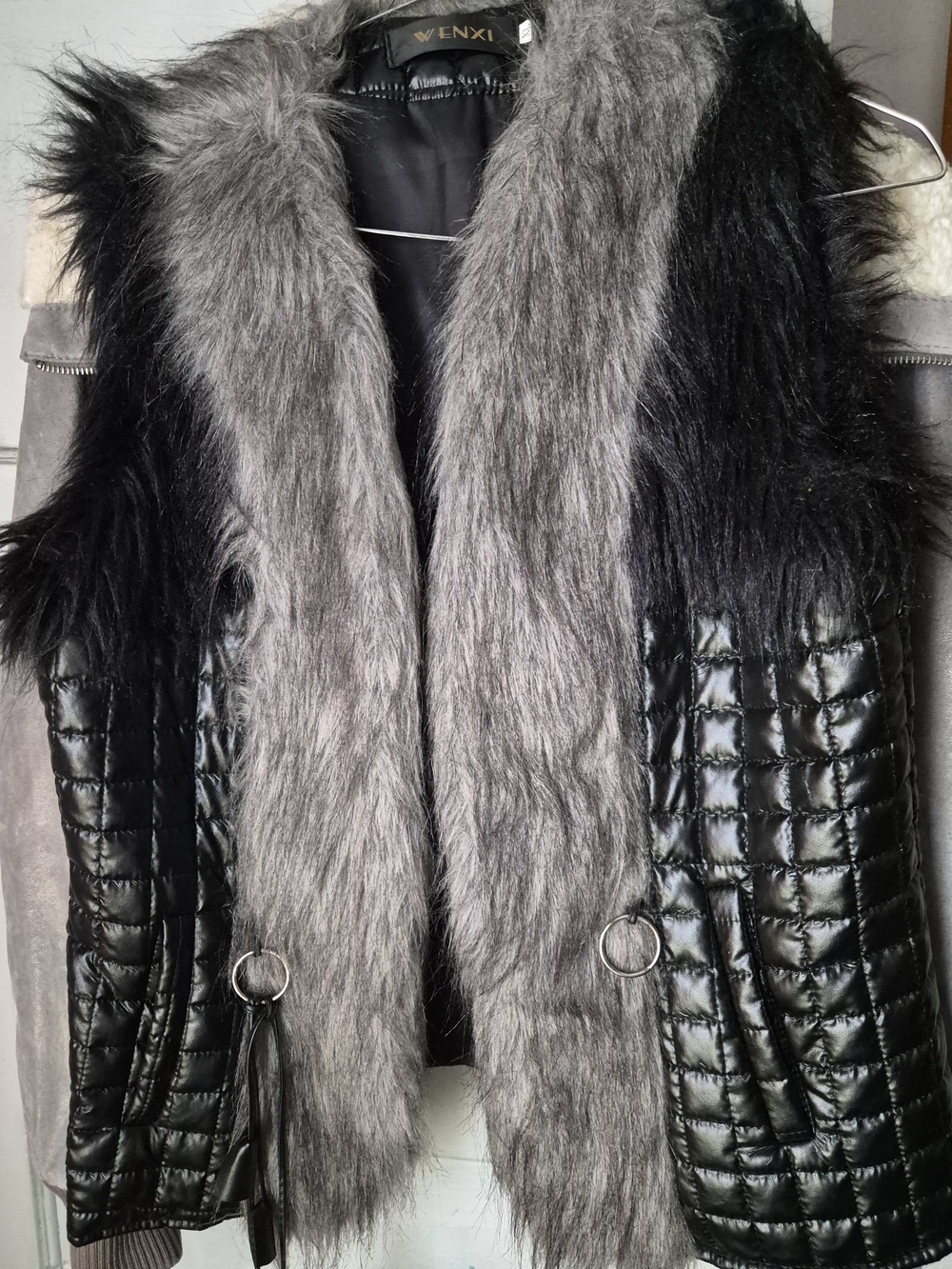 WEN Black Quilted Puffer Jacket with Gray Faux Fur Trim